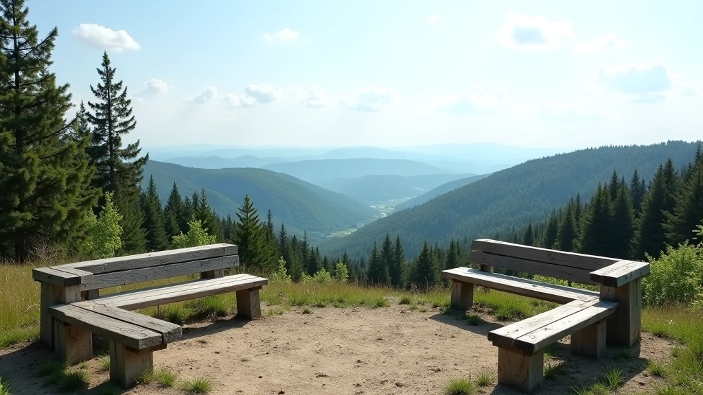 Vytauto kalno viršūnė su panoramišku vaizdų į Birštono mineralinį parką, suolai ir lentos su informacija